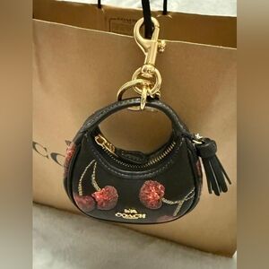 Coach Black Leather Mini Carmen Cherry Charm Key Pouch with Gold Hardware